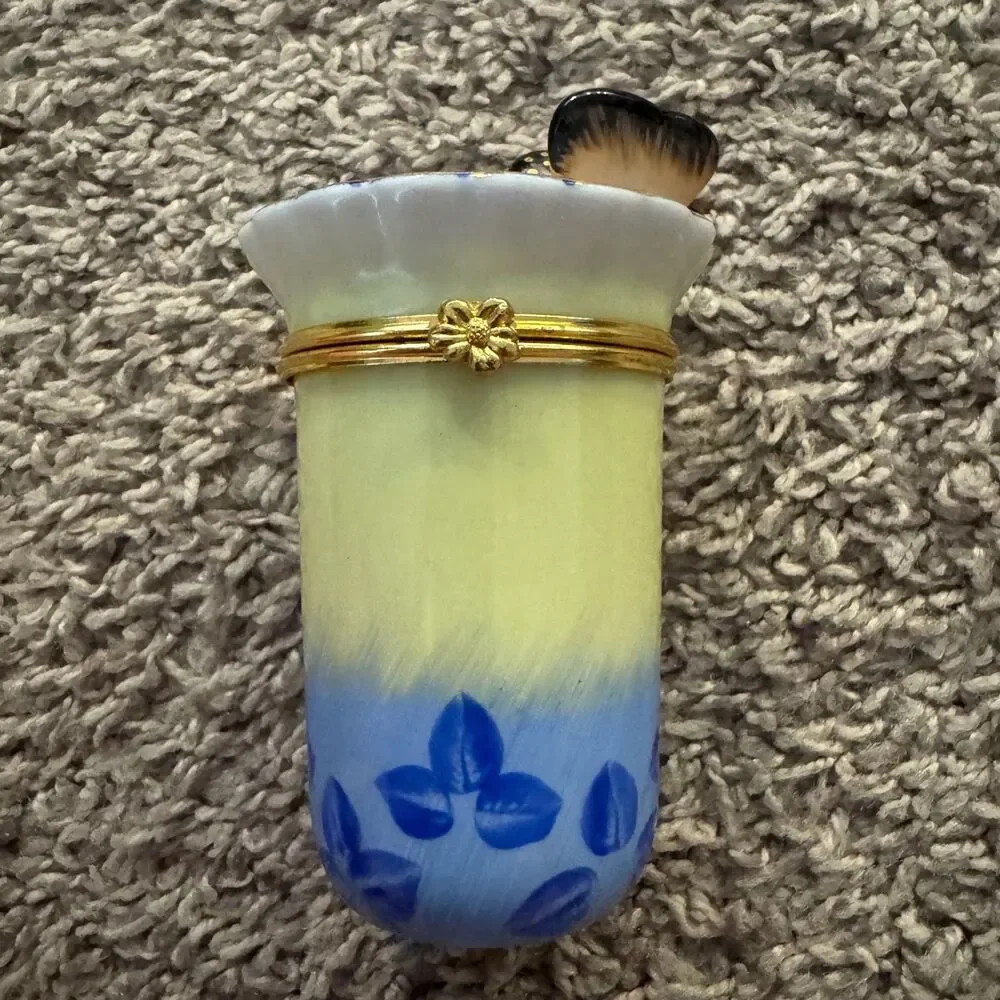 Vintage Bombay Company Porcelain Hinged Trinket Box Candle Butterfly Blue Flower